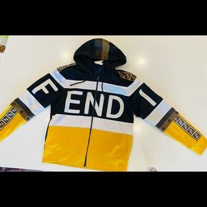 Fendi coat hoodie sleeve off brown black white and yellow